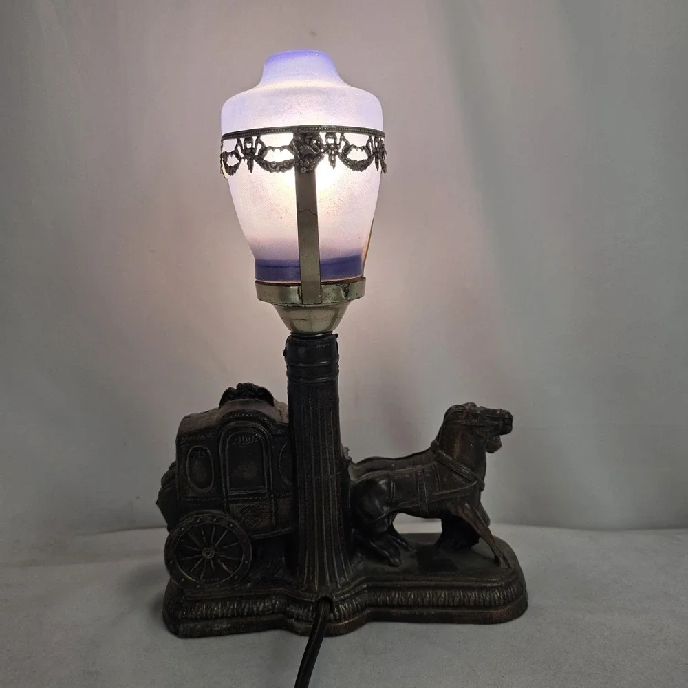 VTG Victorian Lamp Cinderella Carriage Street‎ Lamp Bakelite Switch Cobalt Glass
